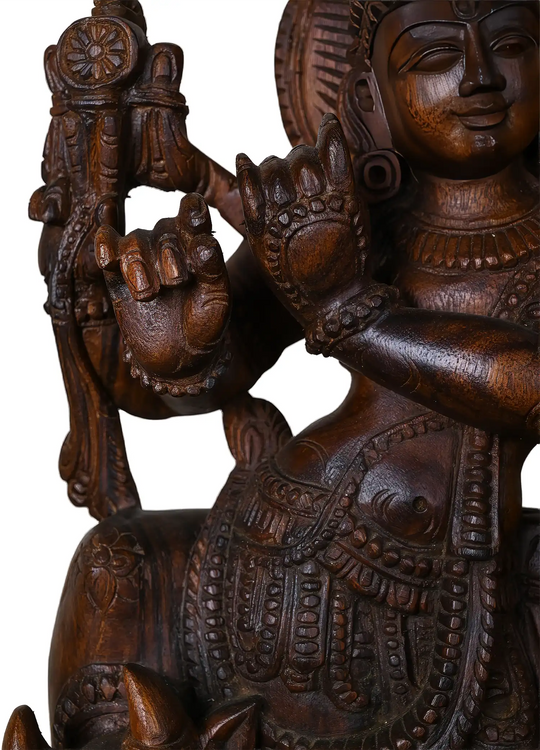 Divine Lord Krishna with Sacred Cow Wooden Sculpture 24"