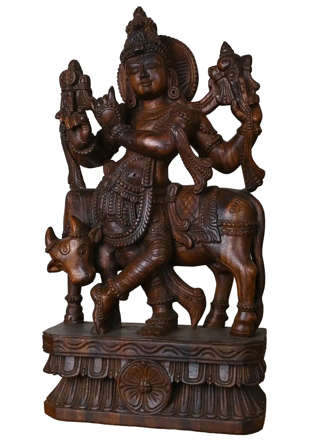 Divine Lord Krishna with Sacred Cow Wooden Sculpture 24"