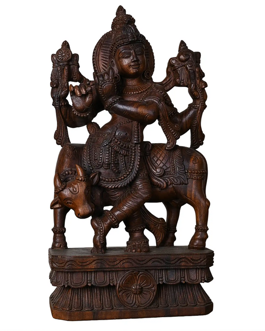 Divine Lord Krishna with Sacred Cow Wooden Sculpture 24"