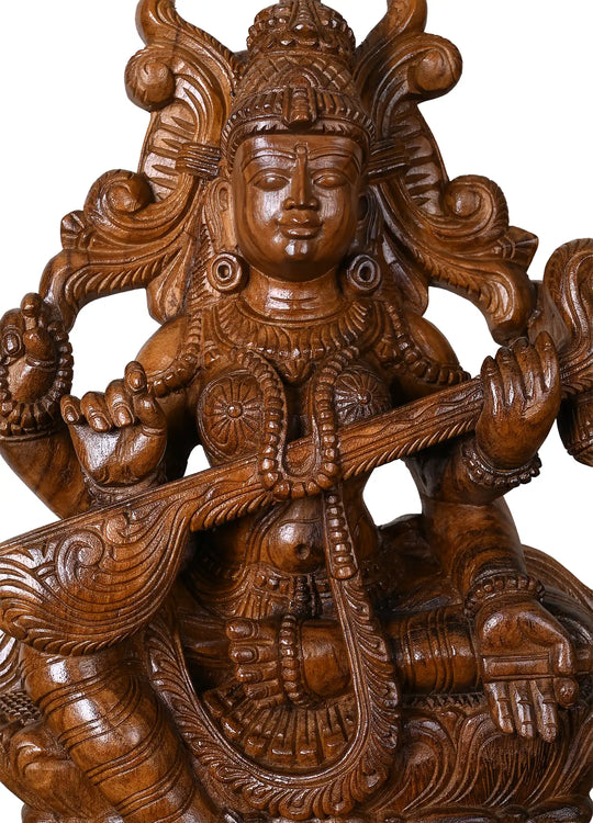 Wooden goddess saraswathi idol