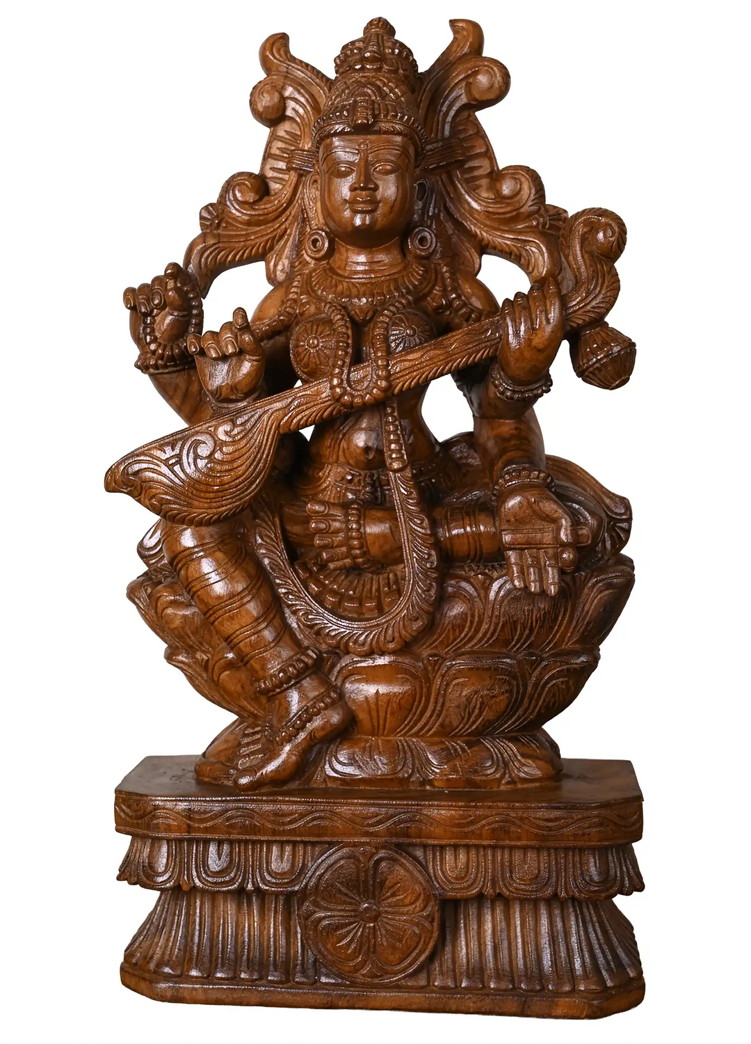 Traditional Wooden hand carved goddess Saraswati Idol with Veena 24"
