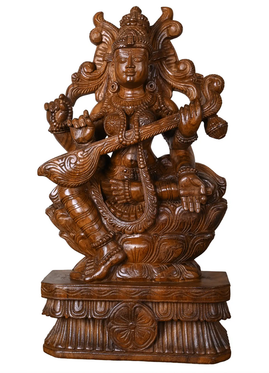 Traditional Wooden hand carved goddess Saraswati Idol with Veena 24"