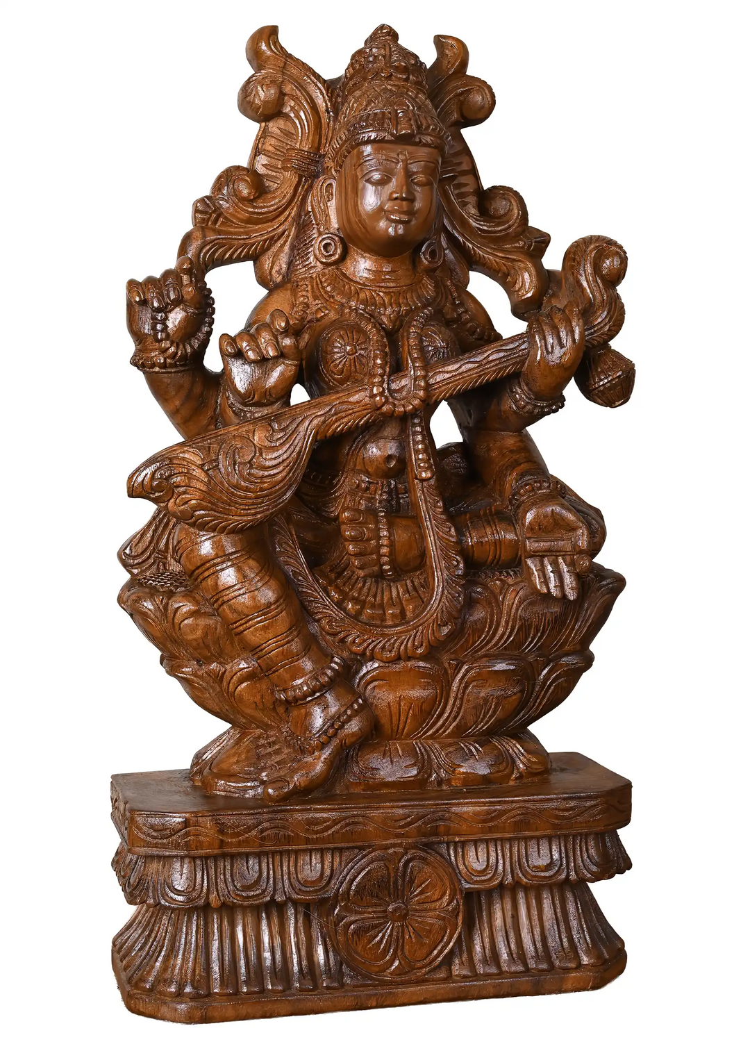 Traditional Wooden hand carved goddess Saraswati Idol with Veena 24"