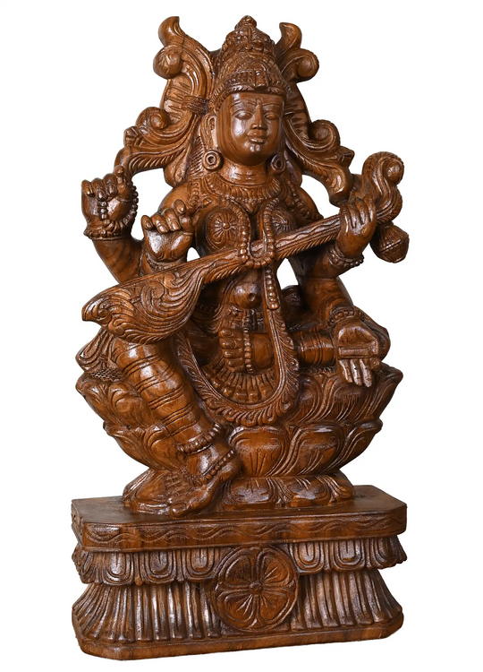 Traditional Wooden hand carved goddess Saraswati Idol with Veena 24"