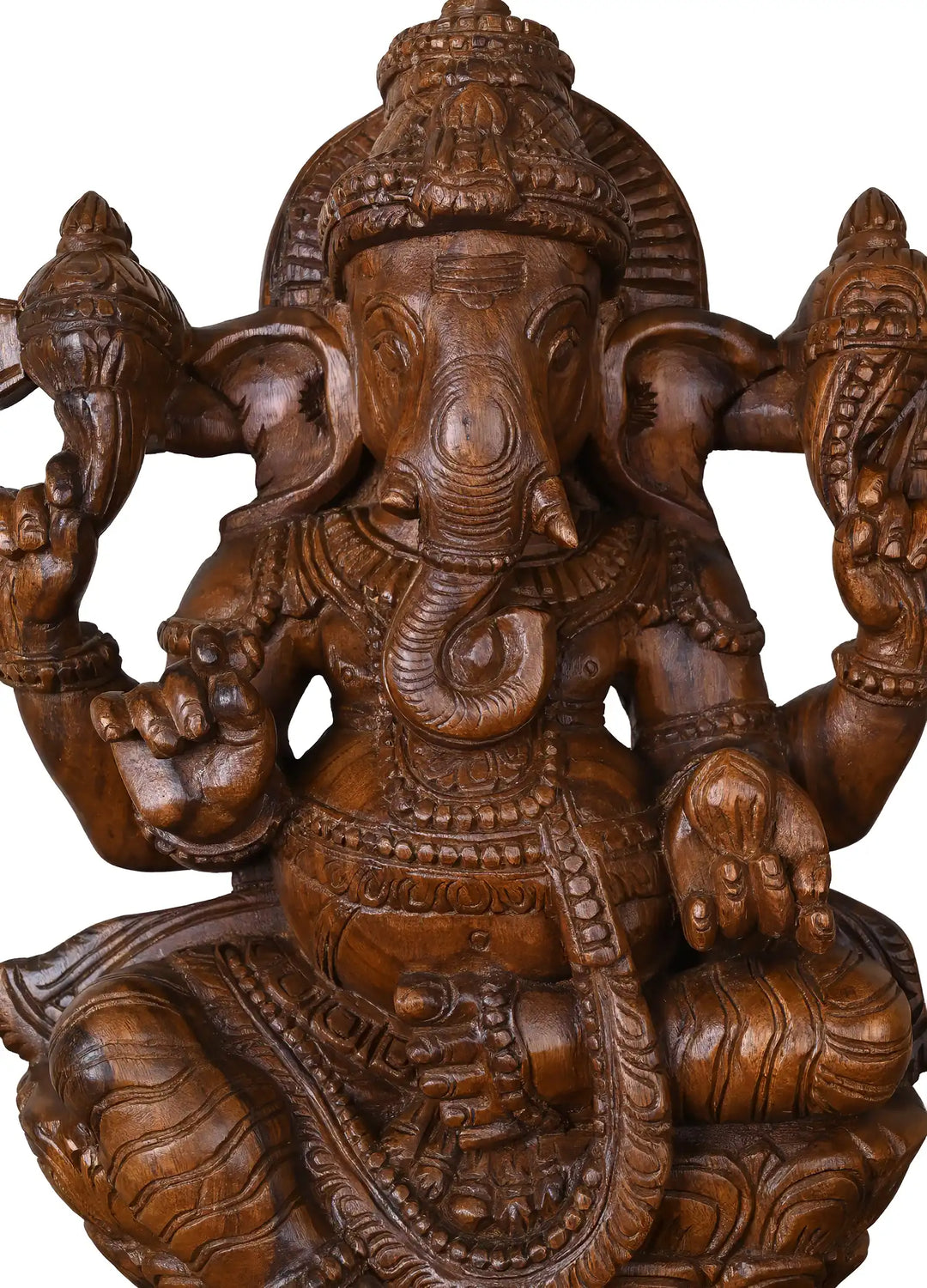 Classic Seated Ganesha Wooden Idol with Detailed Crown 24"