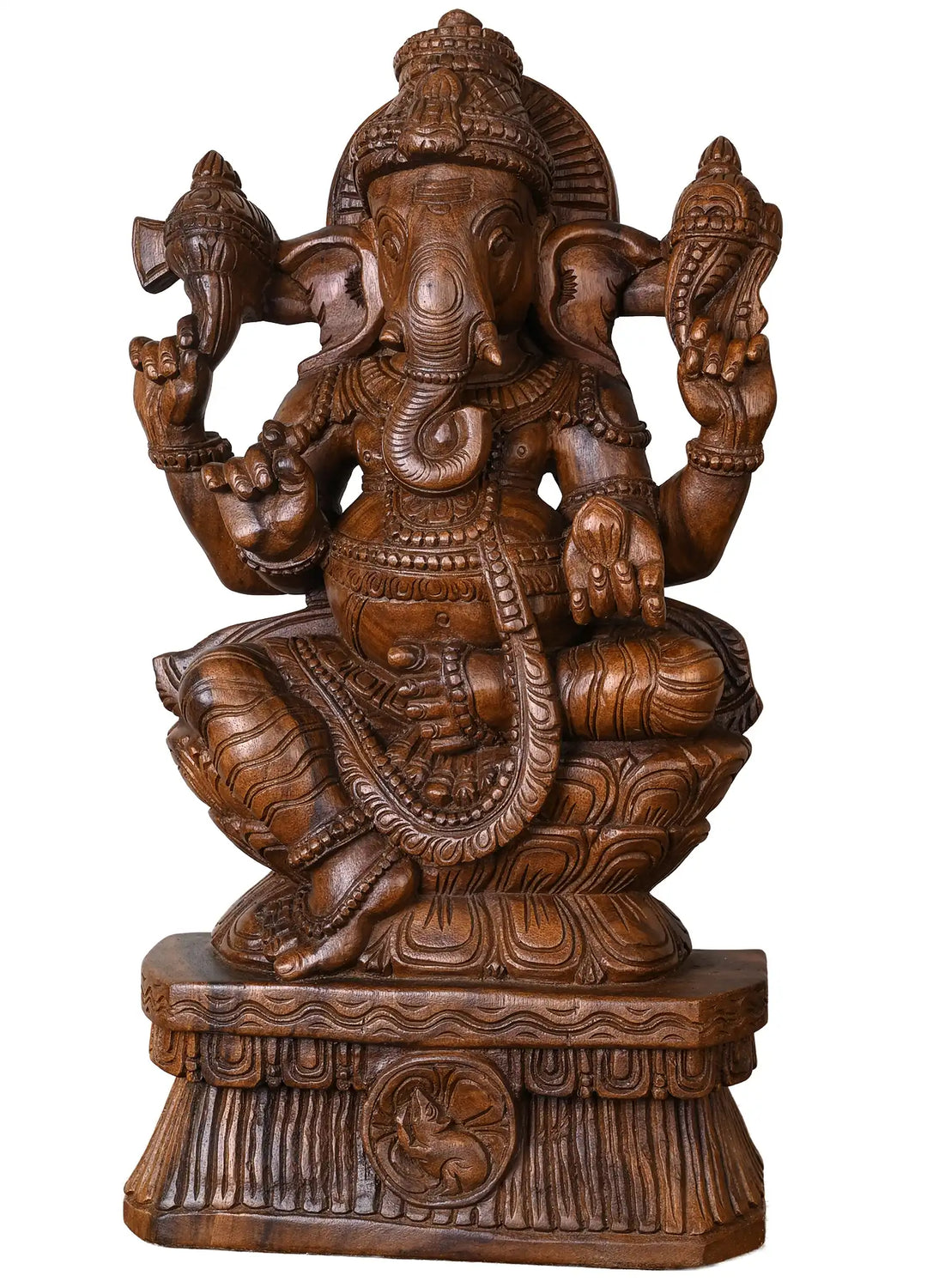 Classic Seated Ganesha Wooden Idol with Detailed Crown 24"
