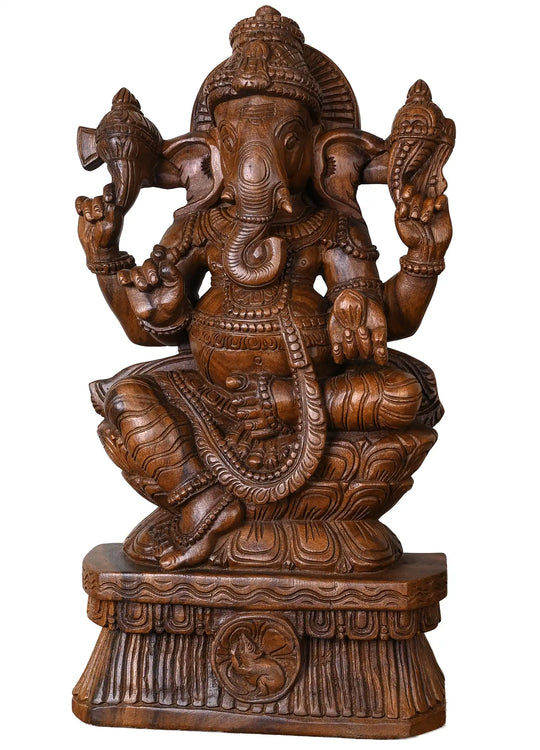 Classic Seated Ganesha Wooden Idol with Detailed Crown 24"