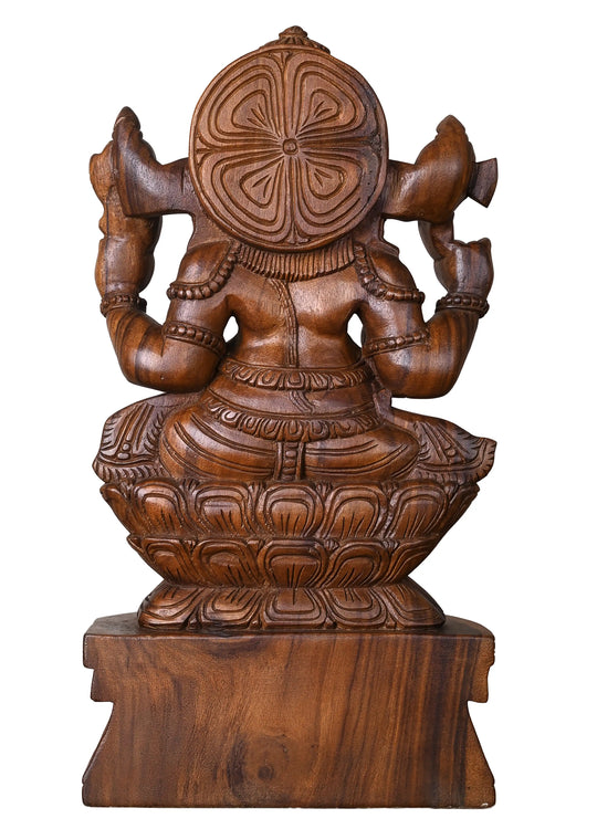 Classic Seated Ganesha Wooden Idol with Detailed Crown 24"