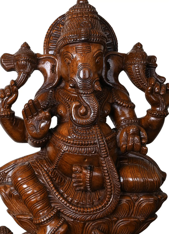 Vintage Finish Wooden Ganesha Sculpture with Mooshika 24"