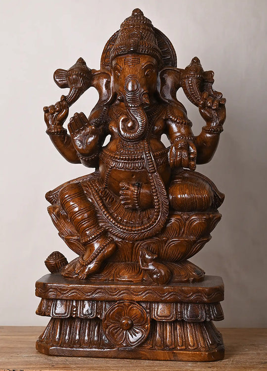 Vintage Finish Wooden Ganesha Sculpture with Mooshika 24"