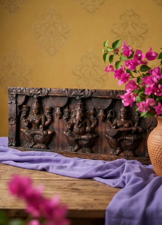 Lakshmi Ganesha Saraswati Wooden hand carved wall panel