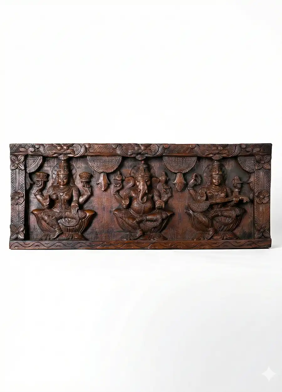 Lakshmi Ganesha Saraswati Wooden hand carved wall panel
