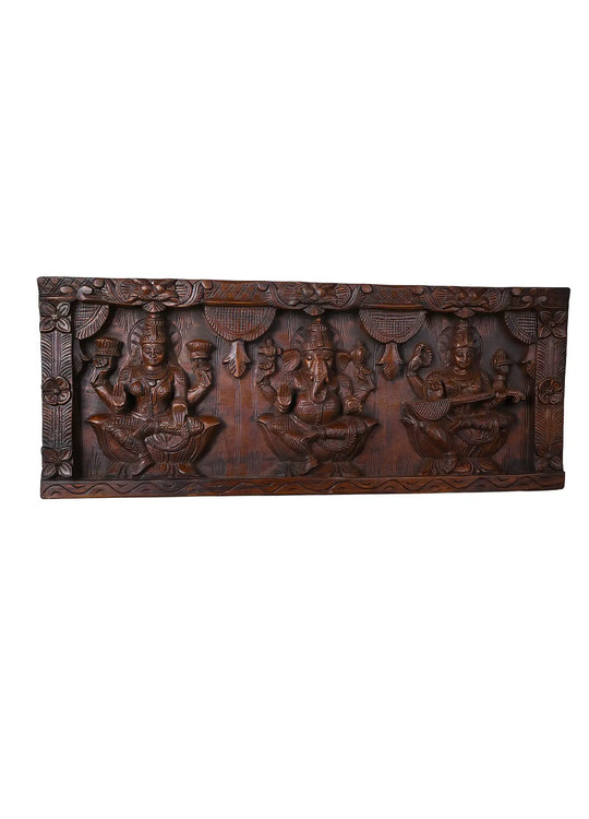 Hindu Trinity Lakshmi Ganesha Saraswati Wooden hand carved wall panel 30"