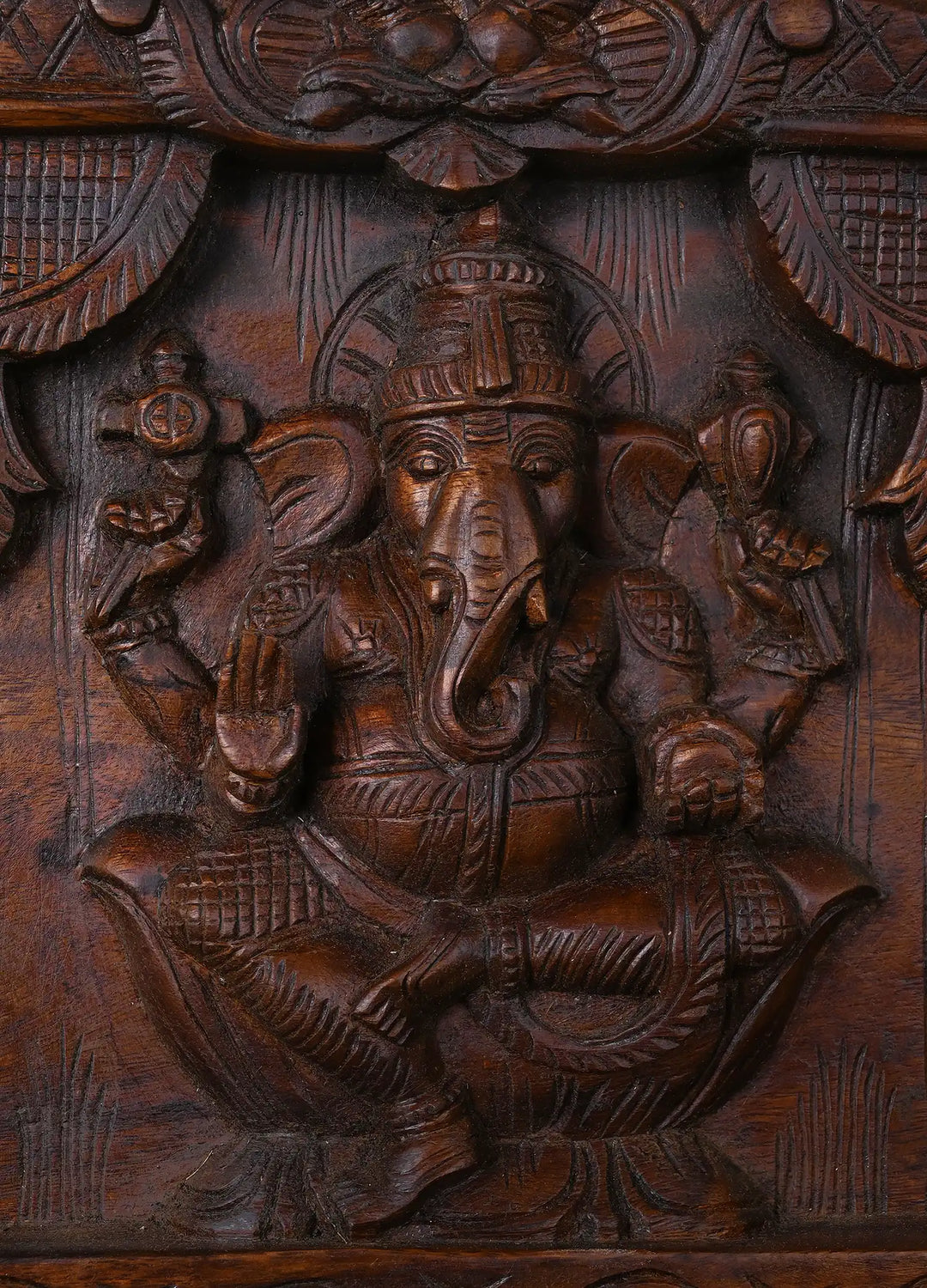 Hindu Trinity Lakshmi Ganesha Saraswati Wooden hand carved wall panel 30"