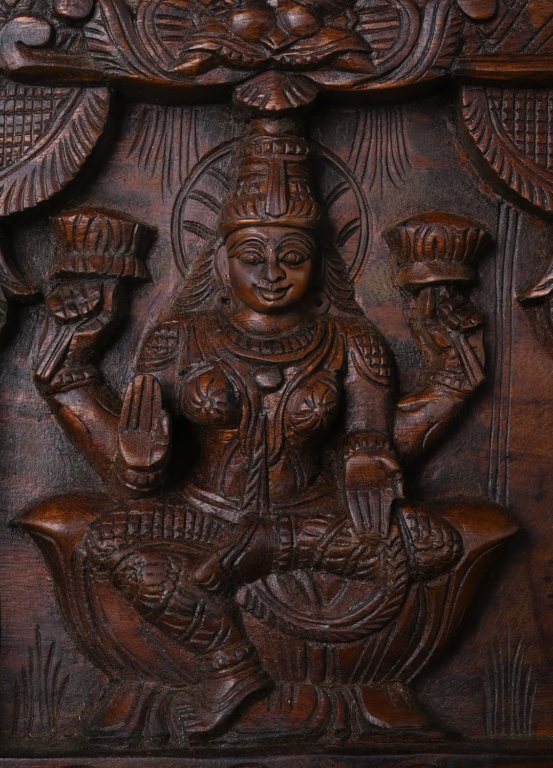 Hindu Trinity Lakshmi Ganesha Saraswati Wooden hand carved wall panel 30"