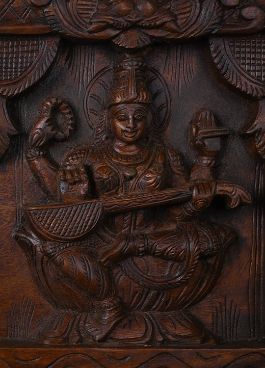 Hindu Trinity Lakshmi Ganesha Saraswati Wooden hand carved wall panel 30"