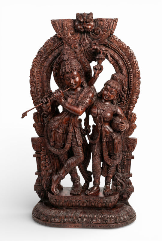 Ornate Radha Krishna Wood Carving – Mythological Art Masterpiece 7ft