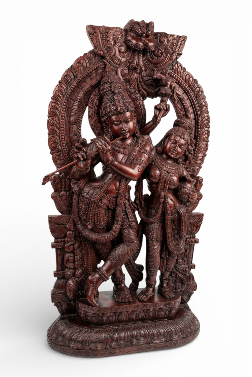 Ornate Radha Krishna Wood Carving – Mythological Art Masterpiece 7ft