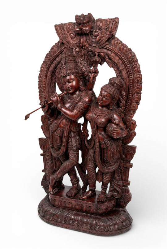 Ornate Radha Krishna Wood Carving – Mythological Art Masterpiece 7ft