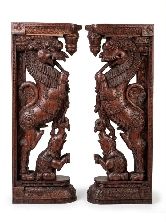 Vintage Finish Wooden Yali Brackets – Premium Temple Architecture Piece 7ft