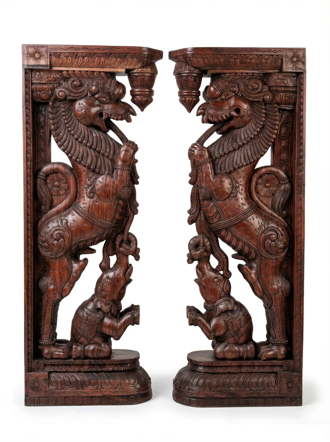 Vintage Finish Wooden Yali Brackets – Premium Temple Architecture Piece 7ft