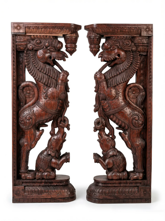 Vintage Finish Wooden Yali Brackets – Premium Temple Architecture Piece 7ft