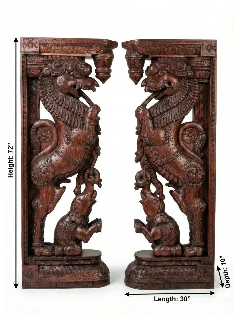 Vintage Finish Wooden Yali Brackets – Premium Temple Architecture Piece 7ft