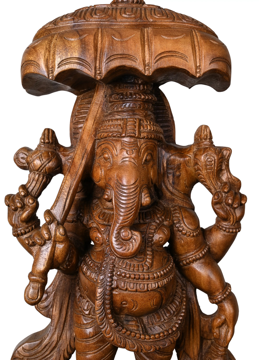 Traditional Wooden Lord Ganesha Statue with Royal Umbrella Canopy 2ft