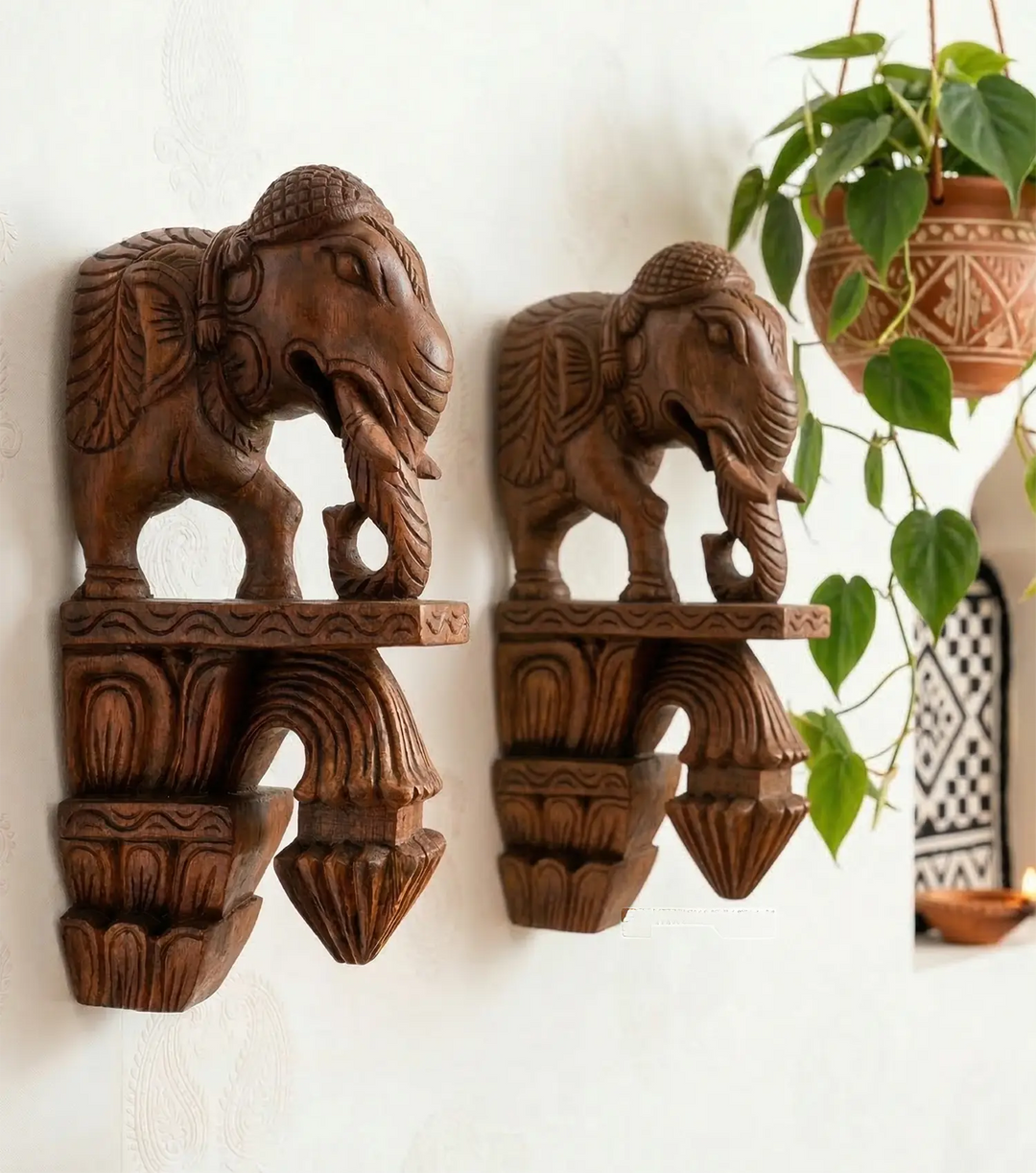 pair of Wooden Elephant Wall Brackets