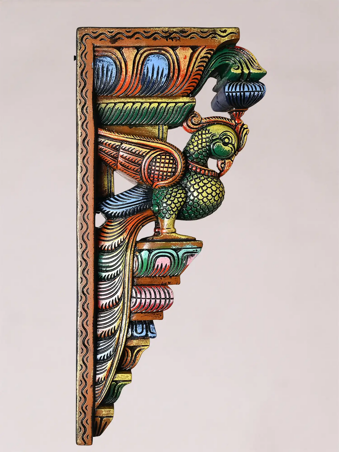 Antique Multicoloured Finish Peacock Wooden Wall Bracket Set 24"