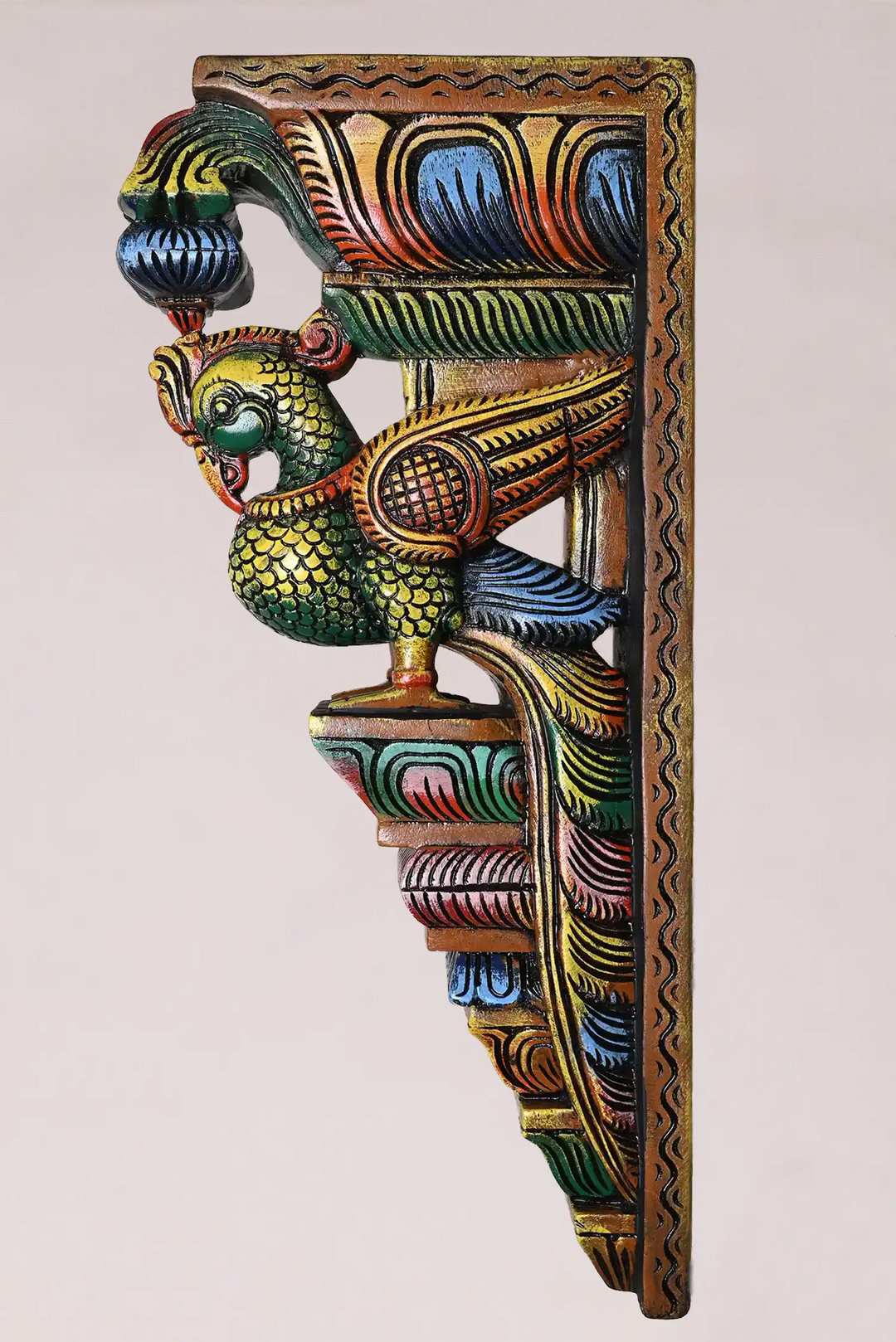 Antique Multicoloured Finish Peacock Wooden Wall Bracket Set 24"
