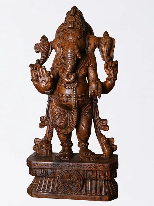 Wooden Lord Ganesha Sculpture with Intricate Carving 30"