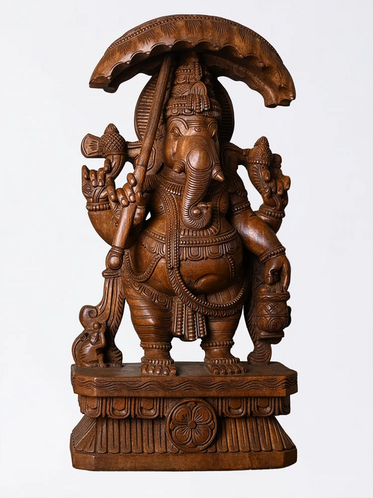South Indian Style Wooden Lord Ganesh Idol with Umbrella 24"