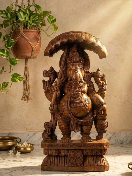 24" WOODEN UMBRELLA GANESH IDOL