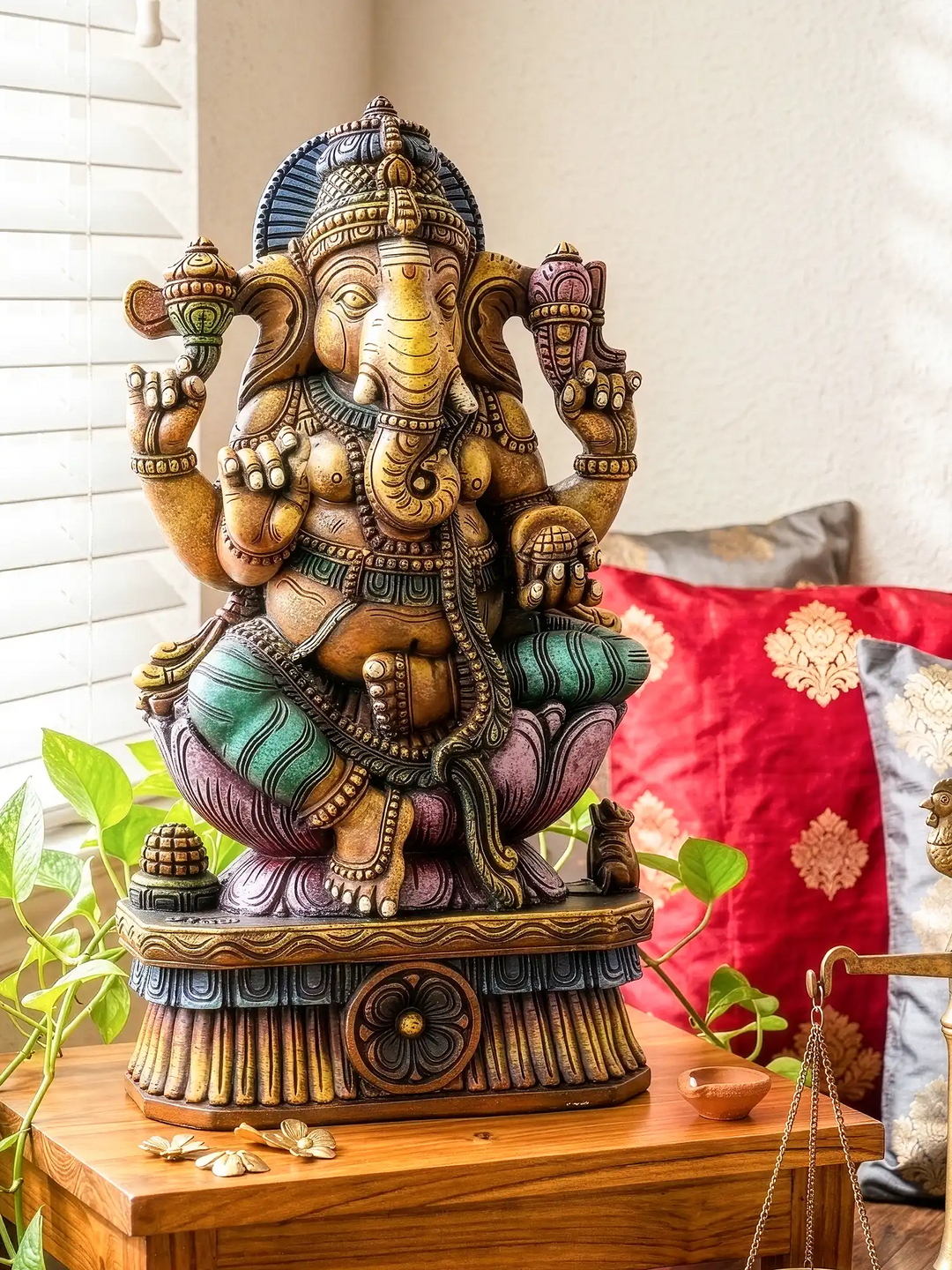 Handcrafted Wooden Ganapati Statue Multicolour 24"