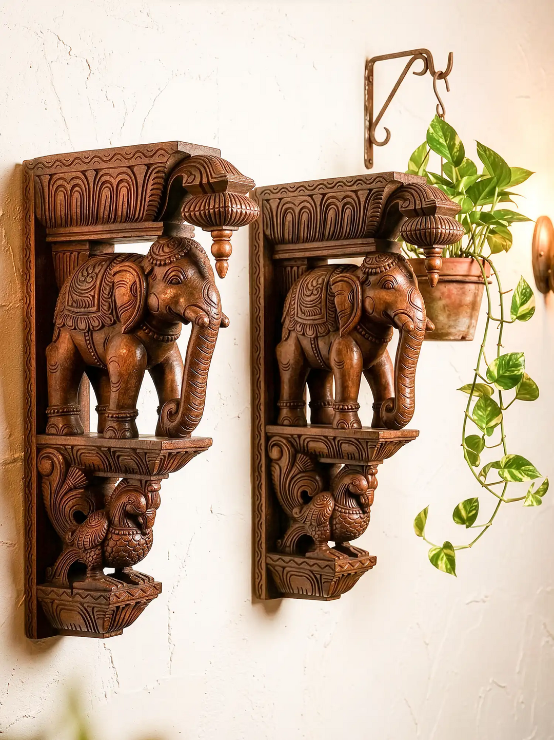 Wooden Elephant & Hamsa Corbel Wall Brackets