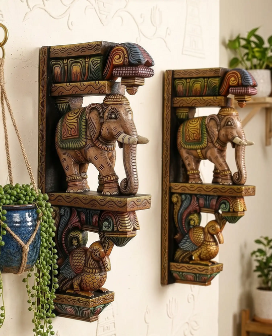 24" Wooden Corbel Wall Brackets of Elephant & Hamsa