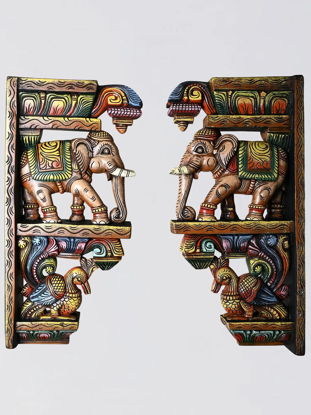 24" Wooden Corbel Wall Brackets of Elephant & Hamsa