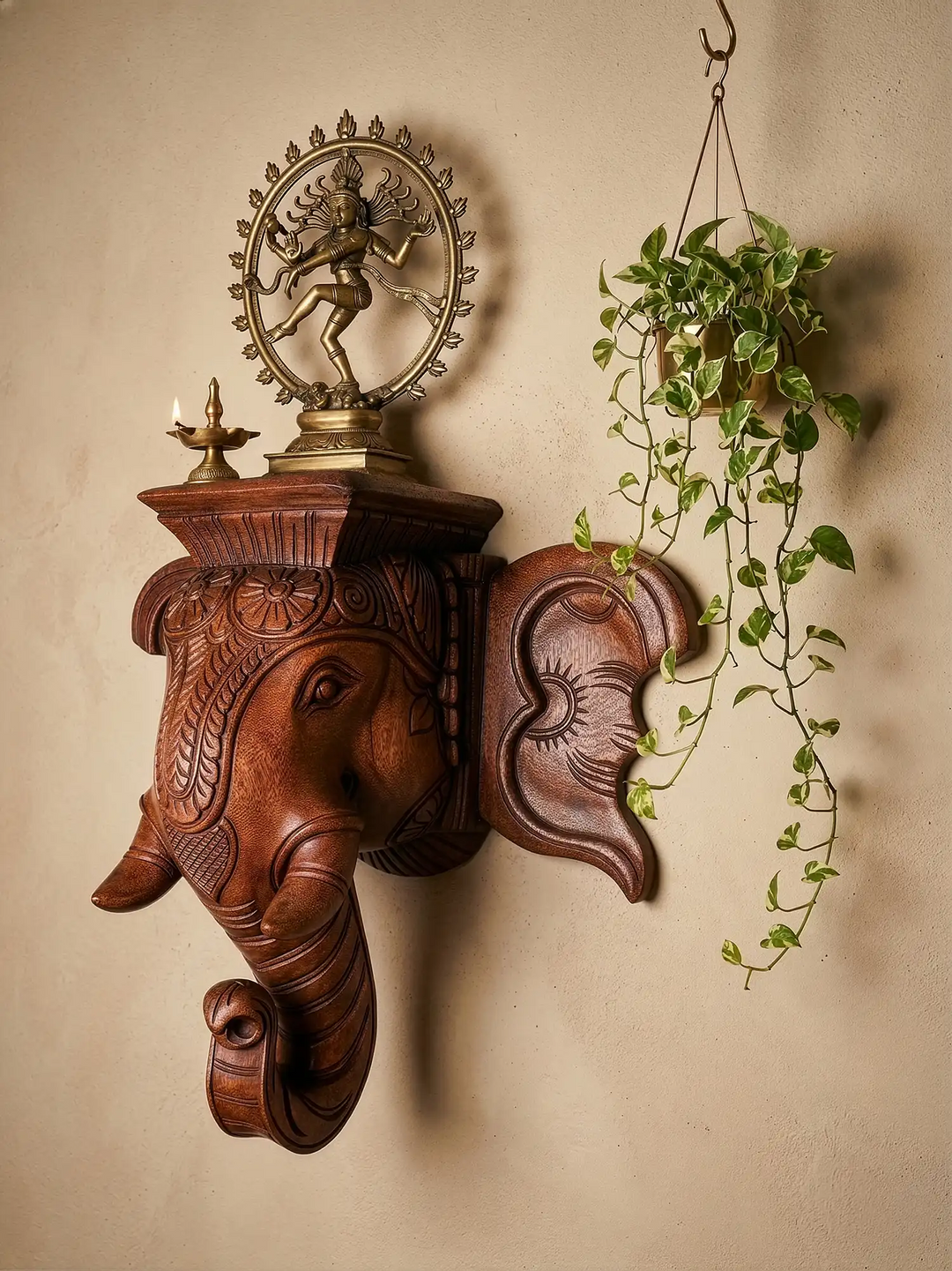 Elephant Head Wooden Wall Corbel with Top Stand