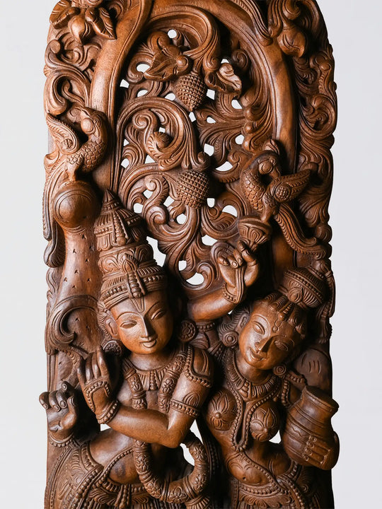 58" Wooden Radha Krishna Sculpture for Wall Decor 