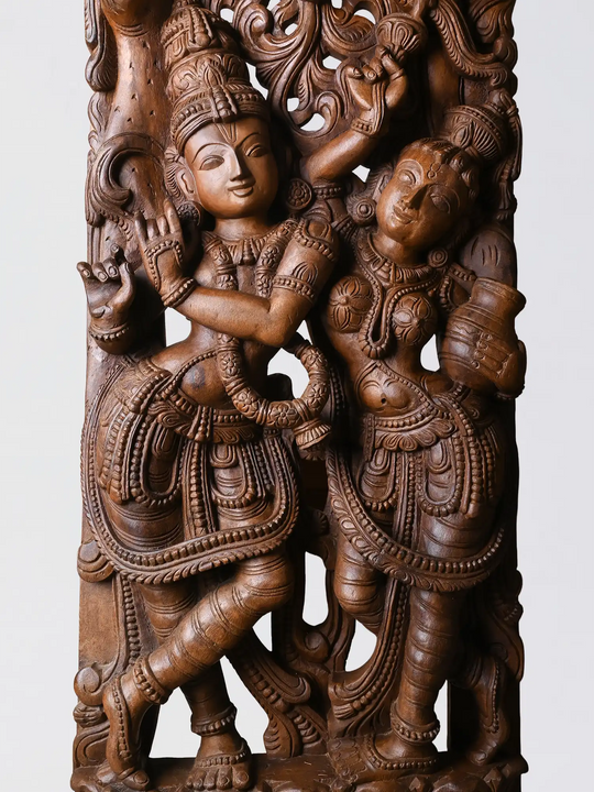 58" Wooden Radha Krishna Sculpture for Wall Decor 