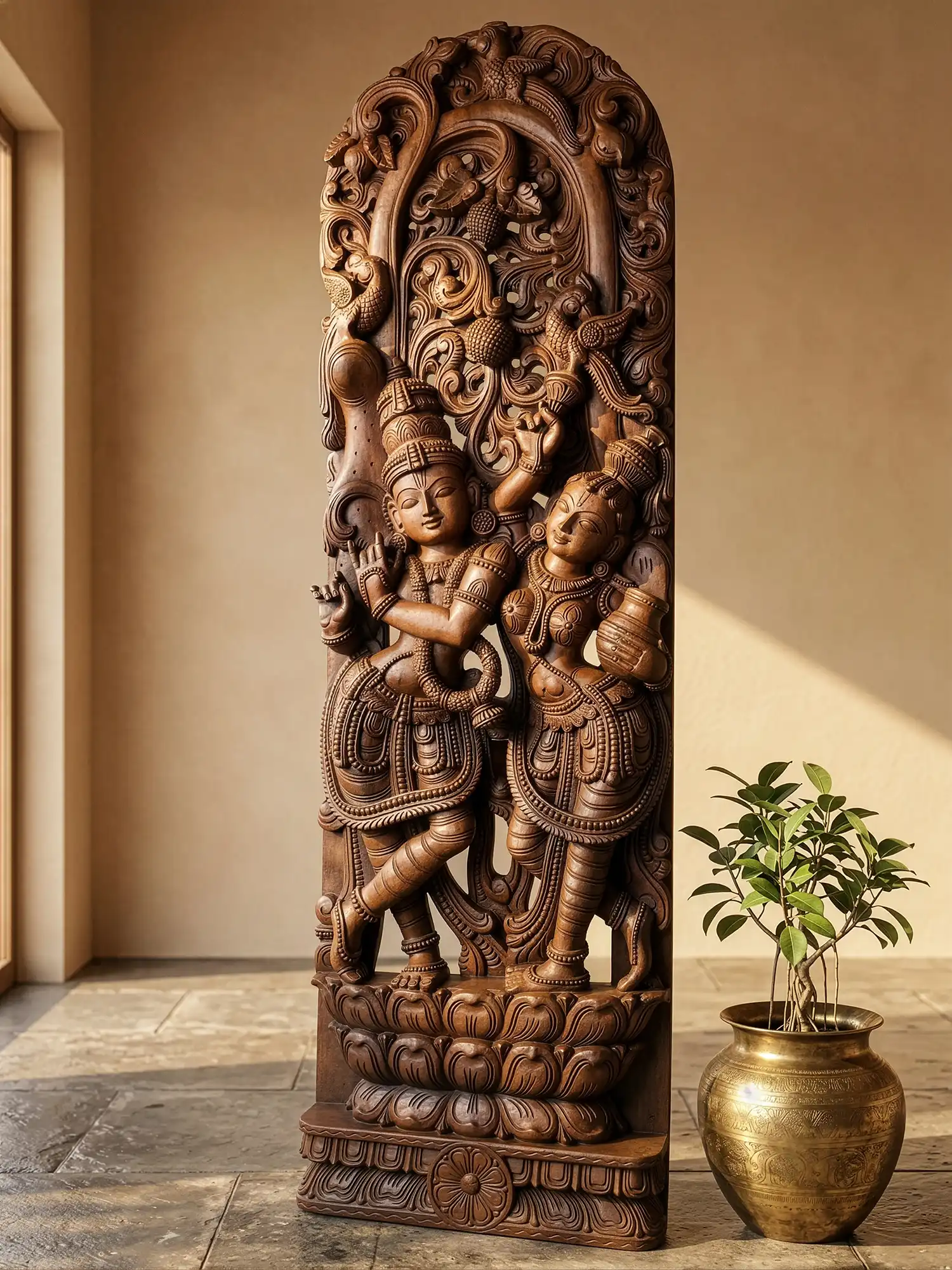 58" Wooden Radha Krishna Sculpture for Wall Decor 