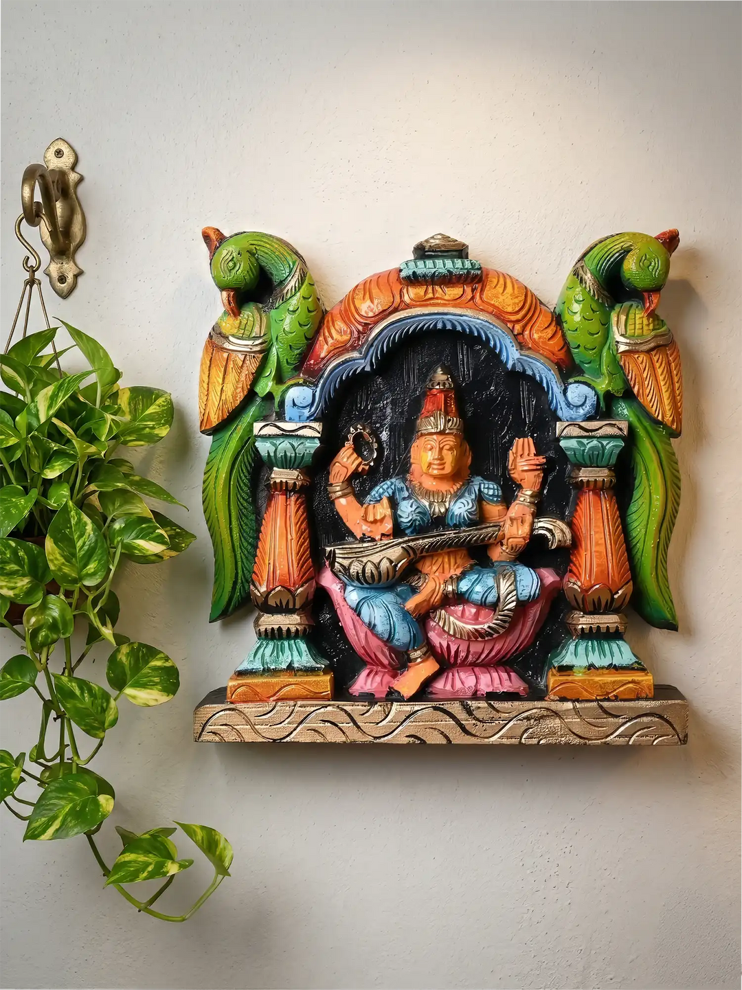 WOODEN SARASWATHI WALL HINGING 12"