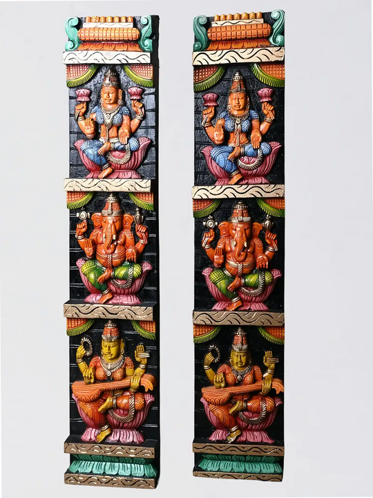 Ganesh Lakshmi Saraswathi Wooden Wall Hanging Panel Set – Spiritual Wooden Carving Wall Decor