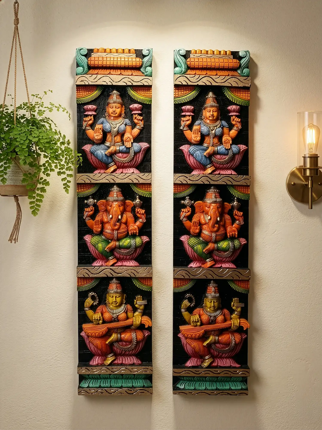 Ganesh Lakshmi Saraswathi Wooden Wall Hanging Panel 