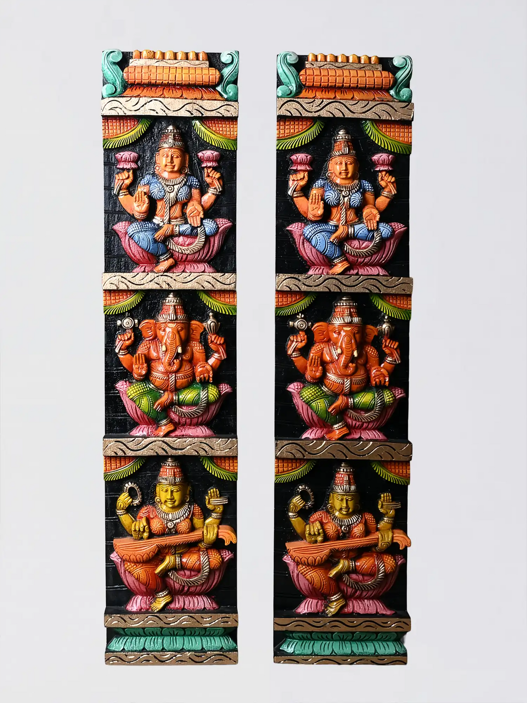 Ganesh Lakshmi Saraswathi Wooden Wall Hanging Panel 