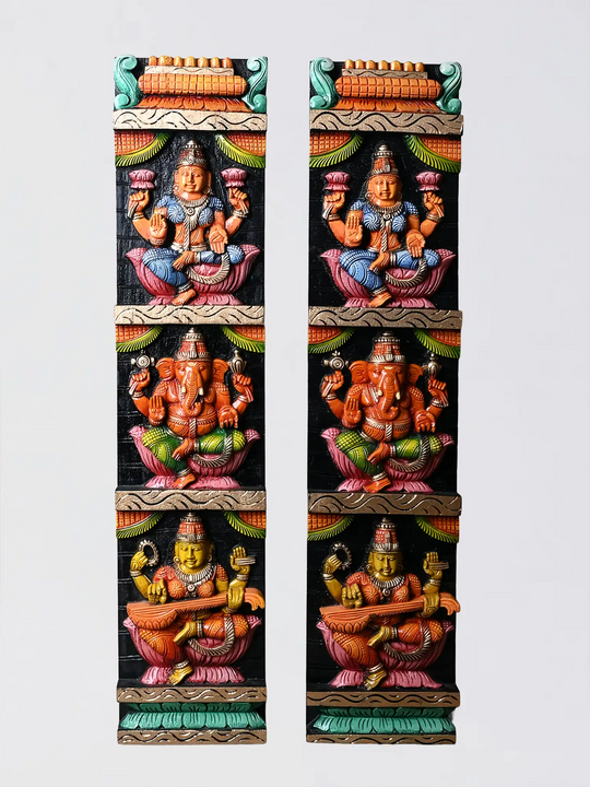 Ganesh Lakshmi Saraswathi Wooden Wall Hanging Panel 
