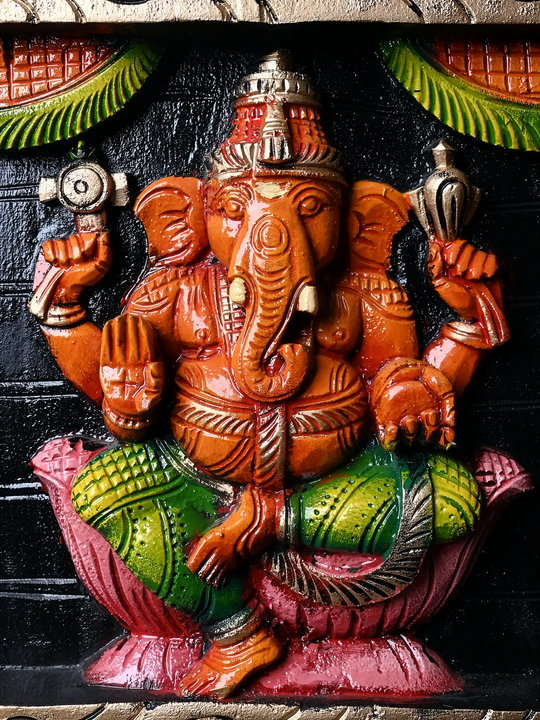 Ganesh Lakshmi Saraswathi Wooden Wall Hanging Panel Set – Spiritual Wooden Carving Wall Decor