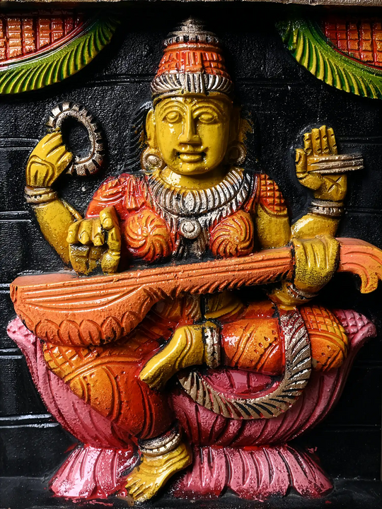 Ganesh Lakshmi Saraswathi Wooden Wall Hanging Panel Set – Spiritual Wooden Carving Wall Decor