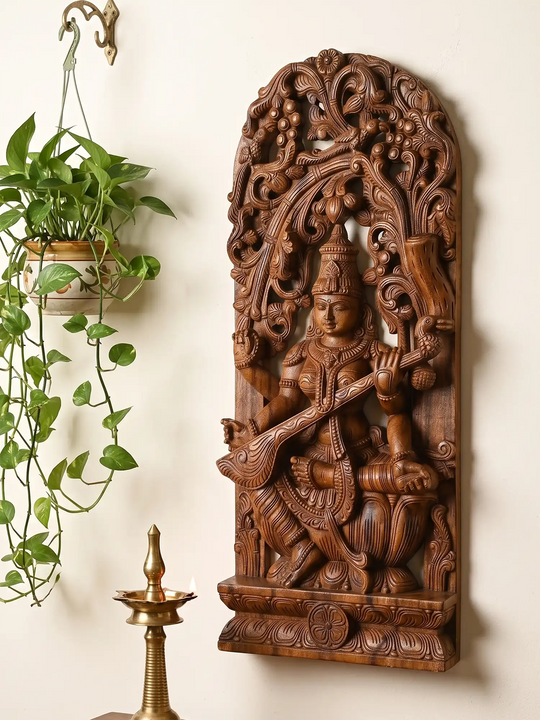 Saraswathi wooden wall sculpture, traditional wood carved statue India for home decor